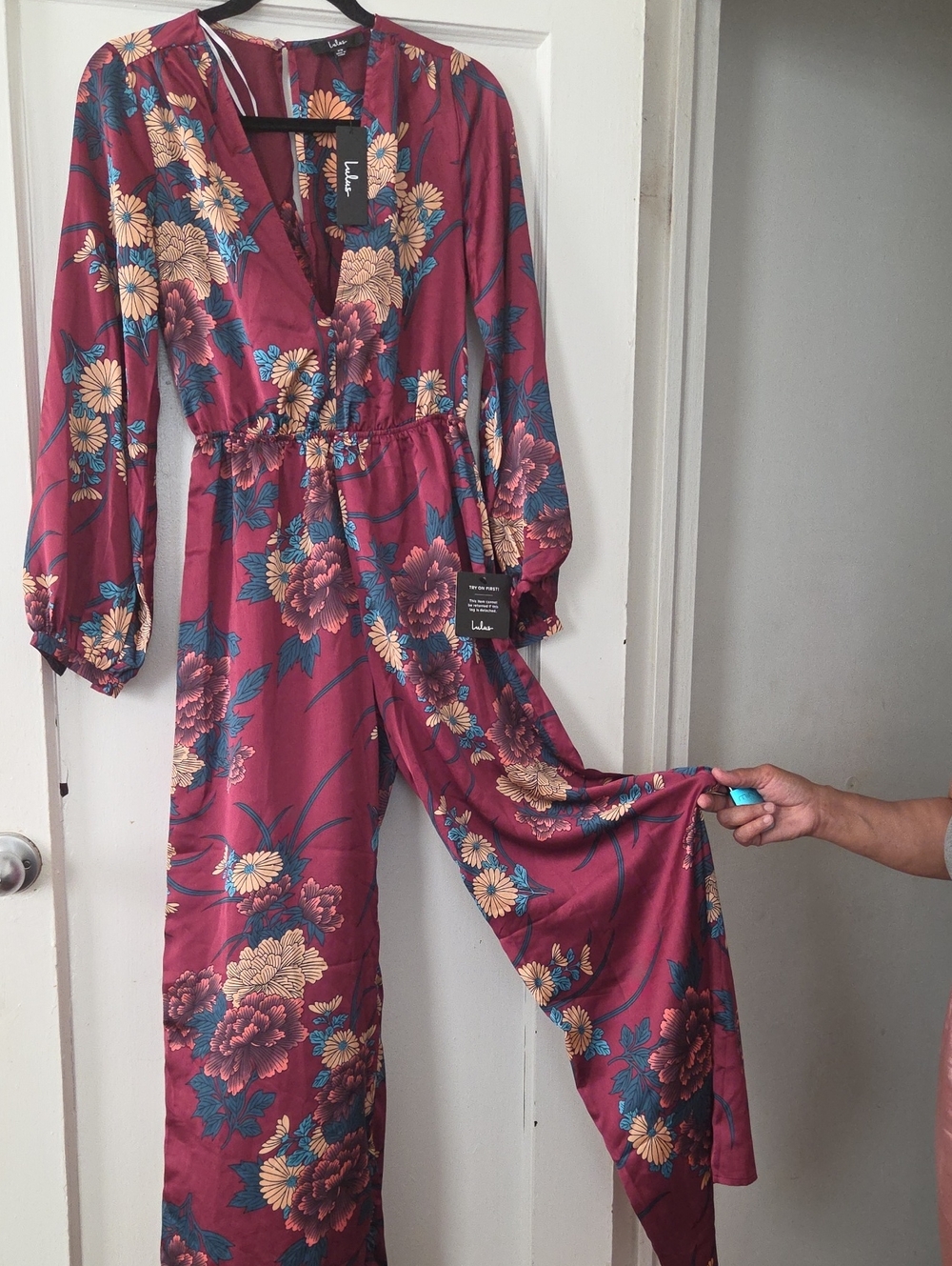 Lulu's Burgundy Floral Long Sleeve Jumpsuit